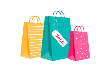 Shopping Bags. A colorful vector illustration of three shopping bags with a sale tag on white background. The bags feature unique designs, including stripes and polka dots, ideal for retail and