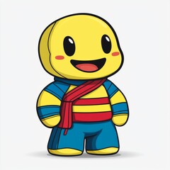 A cheerful yellow cartoon character wearing blue and red clothing