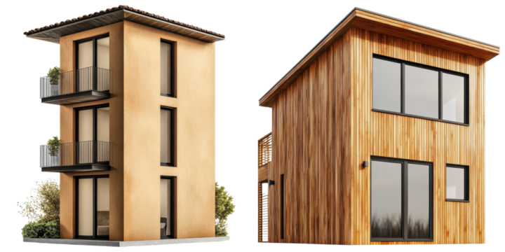 Passive House concept. Modern wooden houses with distinct architectural styles.