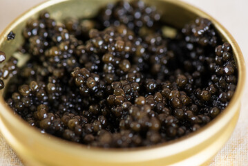 Black caviar in the gold jar, closeup. Sturgeon caviar.