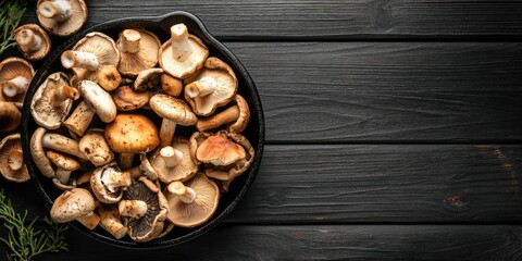 Fototapeta premium Dried mushrooms in a cast iron skillet on a black wooden table top viewed from above with space for text copy featuring earthy tones and textures