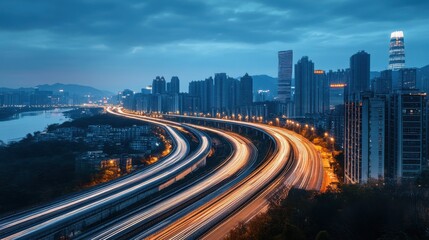 Fototapeta premium Cityscape at Dusk with Illuminated Roads and Skyscrapers Reflected in Calm Waters