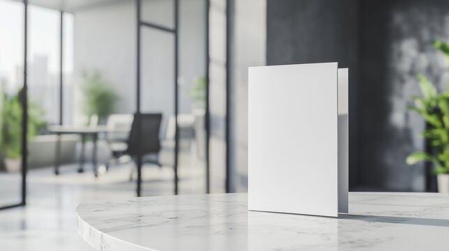 mockup of a folded brochure, standing partially open, on a marble table with an upscale office scene behind
