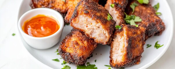 Spicy deep-fried pork nuggets with a side of sriracha mayo for dipping