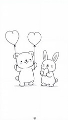 Obraz premium Cute Bear and Bunny with Heart Balloons in Simple Line Drawing Style Representing Friendship and Love
