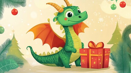 Naklejka premium Cute Green Dragon with Gift Box in Kids Book Illustration Style