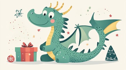 Fototapeta premium Cute Green Dragon with Gift Box in Kids Book Illustration Style
