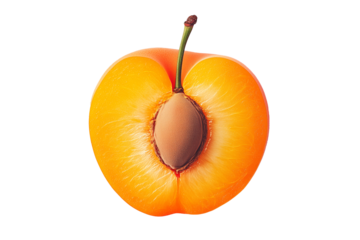 Vibrant halved apricot with seed in center isolated on white transparent background. Concept of healthy fresh fruits.