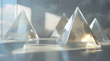 Futuristic pyramid structures, sleek glass architecture reflecting light, ideal for modern design concepts and innovation themes.
