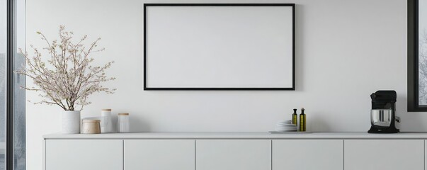 Elegant kitchen with a canvas frame mockup above sleek white cabinetry and minimalist style