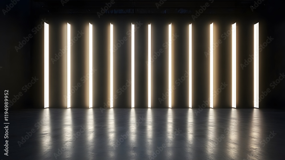 Poster illuminated vertical lines, dynamic light display creating rhythm in dark space, perfect backdrop fo
