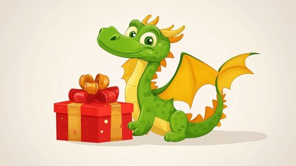 Obraz premium Cute Green Dragon with Gift Box in Kids Book Illustration Style
