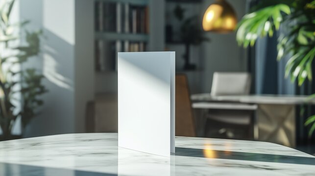 mockup of a folded brochure, standing partially open, on a marble table with an upscale office scene behind