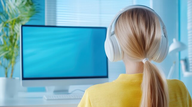 girl studying computer with her back in headphones