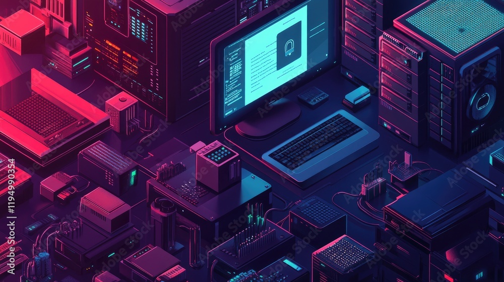 Poster A hacker background with a private server and IoT devices, showcasing the critical need for cyber security in protecting digital databases from breaches.