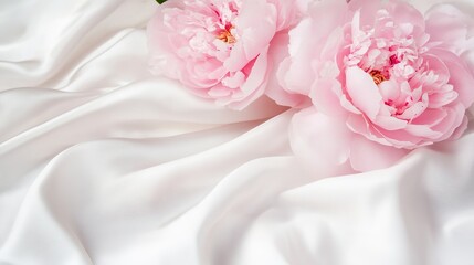 Flat Lay Banner Featuring a Bouquet of Pink Peonies on White Fabric: Spring Greeting Card Design with Copy Space for World Women's Day, Mother's Day, Valentine's Day, Birthday, and Wedding Concepts.