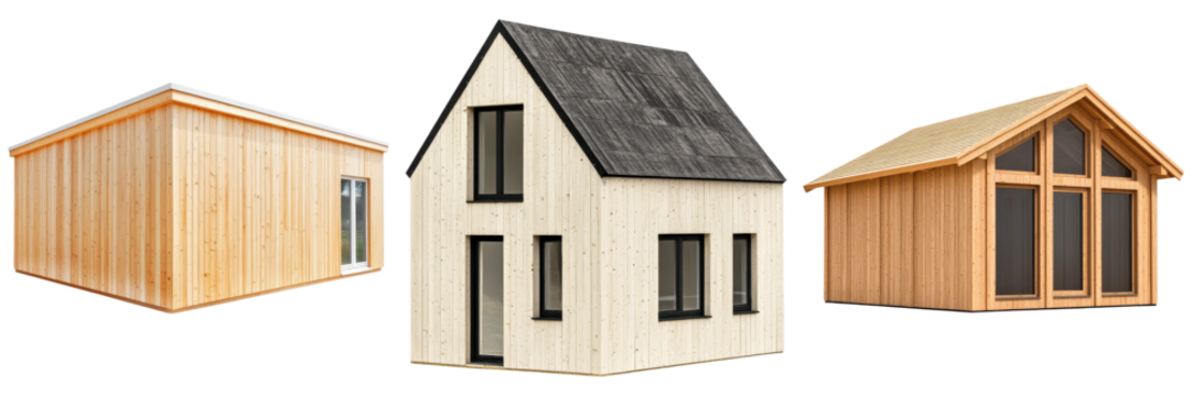 Passive House concept. Three modern wooden houses displayed on a black background.