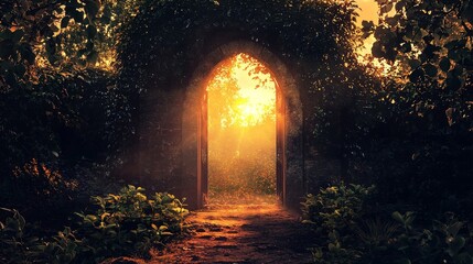 Obraz premium Enchanted Pathway Through Lush Greenery Towards Glowing Sunset