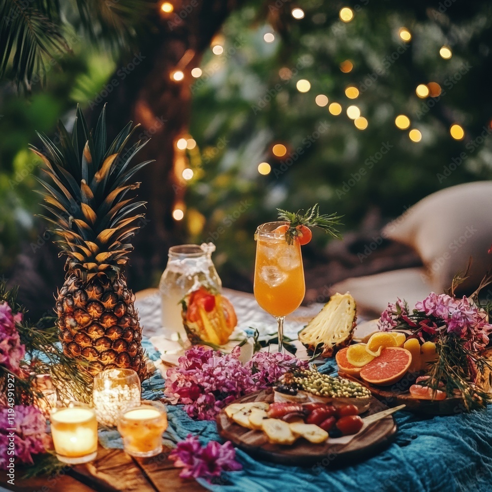 Poster summer picnic ambiance with pineapples and tropical drinks under twinkling lights in a lush garden s