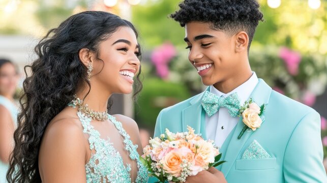 Prom Night Romance: A radiant young couple, elegantly dressed in teal and mint, share a tender moment at prom, their smiles reflecting youthful joy and anticipation. She holds a delicate bouquet.