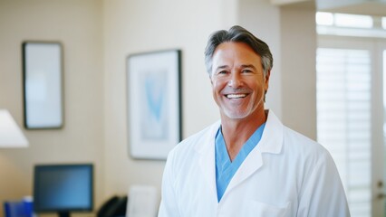 confident and friendly mature doctor smiling in modern medical office, professional portrait of a healthcare expert and medical professional, banner, copy space