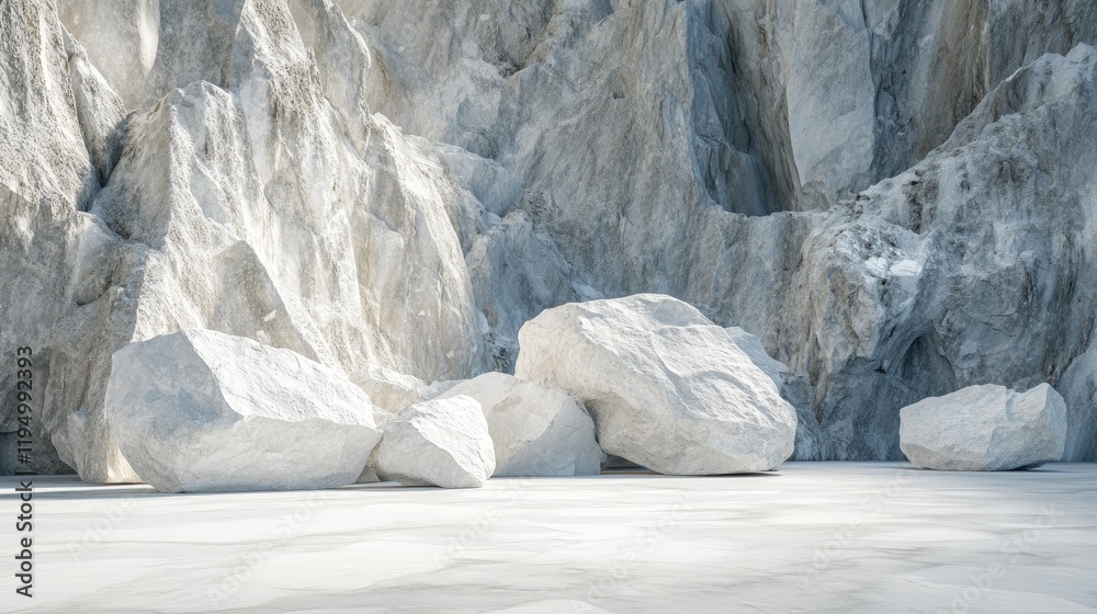Poster A horizontal view of smooth white marble rocks in a deserted quarry, showcasing the pristine quality of marble and the quiet solitude of a quarry.