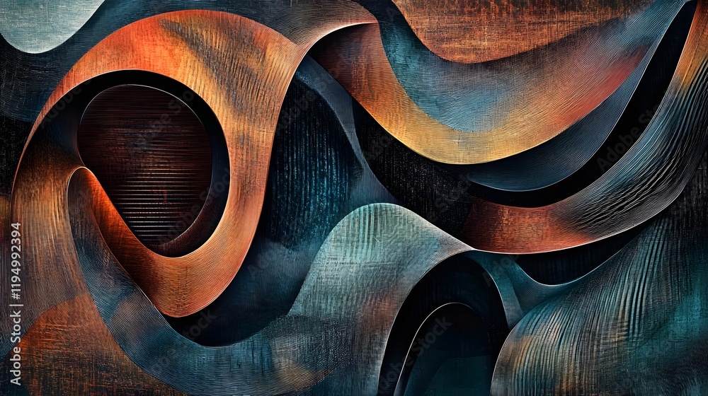 Poster abstract waves of warm and cool colors, flowing patterns creating depth and movement, ideal for arti