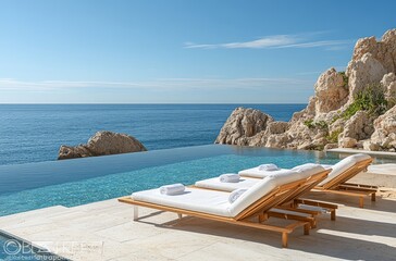 Fototapeta premium Scenic Poolside Retreat with Comfortable Loungers, Crystal Clear Water, and a Beautiful Ocean View from a Modern Seaside Villa