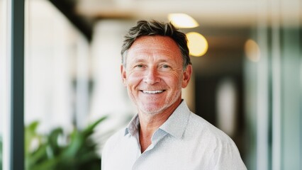 smiling mature businessman in casual attire standing in bright modern office, portrait of a confident and experienced professional ceo leader