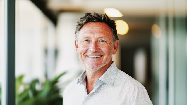 smiling mature businessman in casual attire standing in bright modern office, portrait of a confident and experienced professional ceo leader