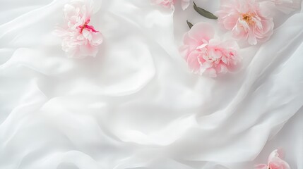 Flat Lay Banner Featuring a Bouquet of Pink Peonies on White Fabric: Spring Greeting Card Design with Copy Space for World Women's Day, Mother's Day, Valentine's Day, Birthday, and Wedding Concepts.