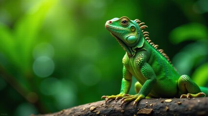 Fototapeta premium A vibrant green lizard perched on a branch, basking in the soft sunlight filtering through lush foliage, displays its intricate scales and captivating gaze.