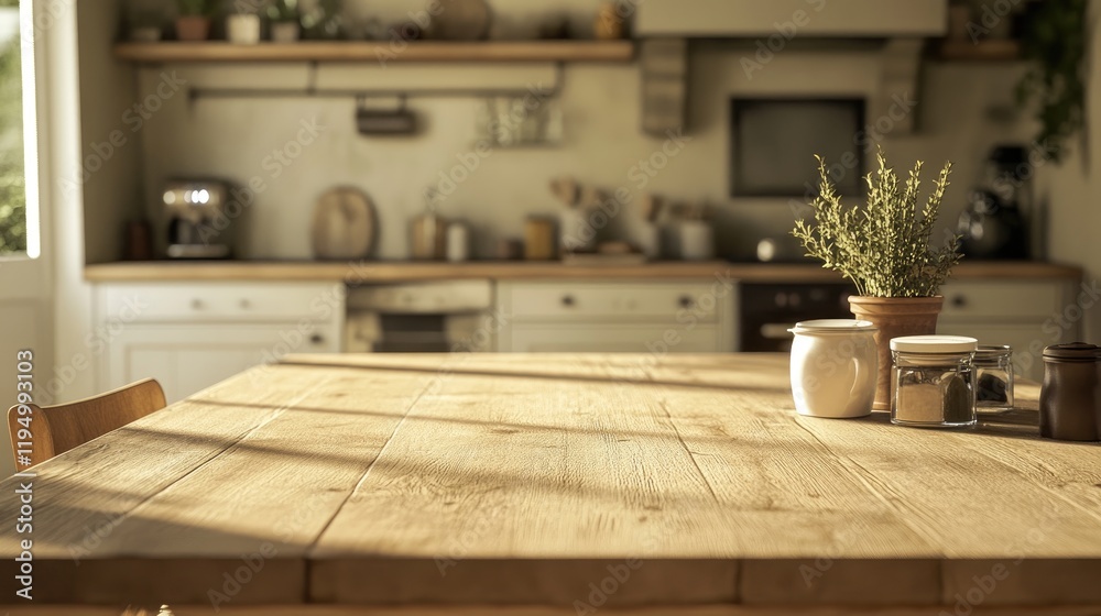 Poster a light brown wooden table with a soft blur, set in a modern vintage kitchen environment, creating a