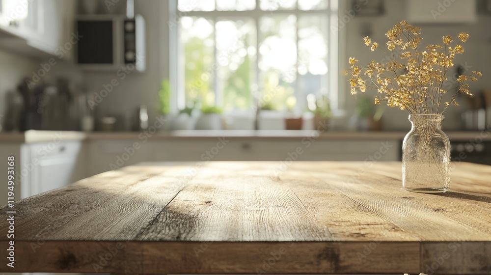 Poster a light brown wooden table with a soft blur, set in a modern vintage kitchen environment, creating a