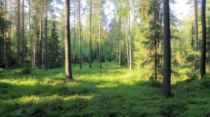 Fototapeta premium Vibrant and Lush: A Forest Replete with Healthy Green Trees, Where Ancient Spruce, Fir, and Pine Thrive