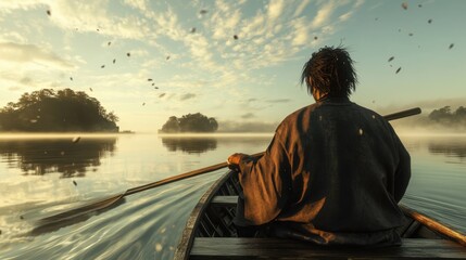 Fototapeta premium Person in a boat on water, viewed from behind representing adventure, solitude, journey, and self-reflection 