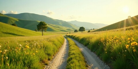 Serene Country Road Winding Through Lush Green Meadows Bathed in Golden Sunlight, Leading Towards Distant Hills