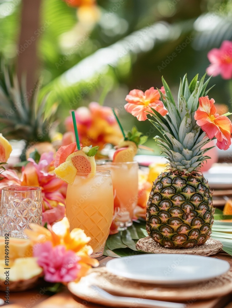 Poster enjoying a vibrant summer picnic with tropical fruits and refreshing drinks amidst colorful flowers.