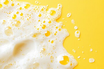 top view white soap foam and bubbles on bright yellow background with copy space