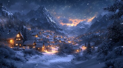 Peaceful Snowy Village Winter Mountains Starry Night Cozy Cabin Retreat Photo
