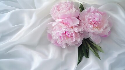 Obraz premium Flat Lay Banner Featuring a Bouquet of Pink Peonies on White Fabric: Spring Greeting Card Design with Copy Space for World Women's Day, Mother's Day, Valentine's Day, Birthday, and Wedding Concepts.