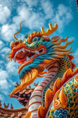 Fototapeta premium Closeup of colorful asian dragon statue against the sky. Chinese New Year, asian festival or parade, Dragon Boat Festival. Zodiac sign. Mythology concept