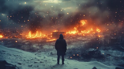 Obraz premium Man gazes at a war torn city in flames, capturing the essence of hopelessness and despair 