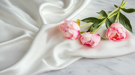 Flat Lay Banner Featuring a Bouquet of Pink Peonies on White Fabric: Spring Greeting Card Design with Copy Space for World Women's Day, Mother's Day, Valentine's Day, Birthday, and Wedding Concepts.