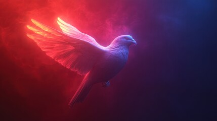 Ethereal Bird in Vivid Colors Surrounded by Mystical Fog, Symbolizing Freedom and Imagination in a Dreamlike Atmosphere of Light and Shadow