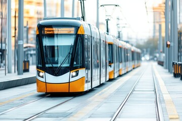 Obraz premium Modern tram gliding along tracks in vibrant urban setting, showc