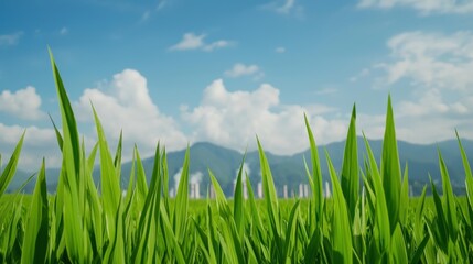 Obraz premium Lush green grass stretches towards a bright blue sky, framed by distant mountains, creating a serene and tranquil landscape.