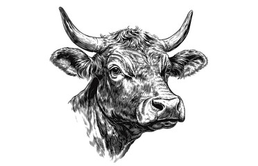 Cow, bull, farm. Vintage retro print, black white cow sketch ink pencil style drawing, engrave old school. Sketch artwork silhouette farm cow, white background. Side view profile. Illustration