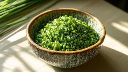 Bowl of finely chopped fresh green onions.