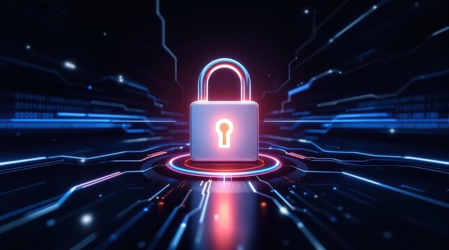 Futuristic blue glowing padlock icon in digital space. Represents cybersecurity, data protection, and online security. Perfect for tech websites, presentations, and articles